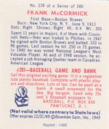 1988 1949 Bowman Reprint #239 Frank McCormick Back