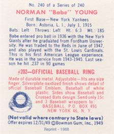 1988 1949 Bowman Reprint #240 Babe Young Back