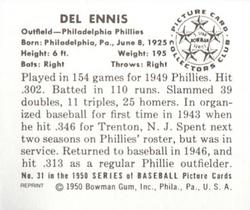 1986 Card Collectors 1950 Bowman (Reprint) #31 Del Ennis Back