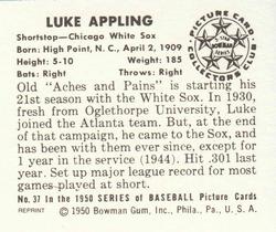 1986 Card Collectors 1950 Bowman (Reprint) #37 Luke Appling Back