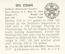 1986 Card Collectors 1950 Bowman (Reprint) #54 Gil Coan Back