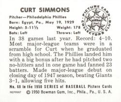 1986 Card Collectors 1950 Bowman (Reprint) #68 Curt Simmons Back