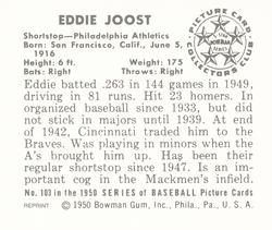 1986 Card Collectors 1950 Bowman (Reprint) #103 Eddie Joost Back