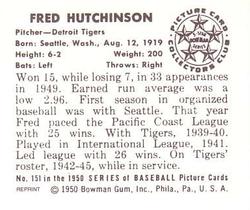 1986 Card Collectors 1950 Bowman (Reprint) #151 Fred Hutchinson Back