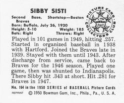 1986 Card Collectors 1950 Bowman (Reprint) #164 Sibby Sisti Back