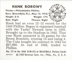 1986 Card Collectors 1950 Bowman (Reprint) #177 Hank Borowy Back