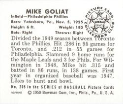1986 Card Collectors 1950 Bowman (Reprint) #205 Mike Goliat Back