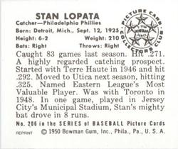 1986 Card Collectors 1950 Bowman (Reprint) #206 Stan Lopata Back