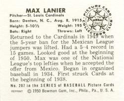 1986 Card Collectors 1950 Bowman (Reprint) #207 Max Lanier Back