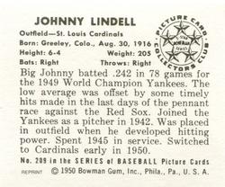 1986 Card Collectors 1950 Bowman (Reprint) #209 Johnny Lindell Back