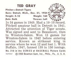 1986 Card Collectors 1950 Bowman (Reprint) #210 Ted Gray Back