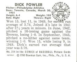 1986 Card Collectors 1950 Bowman (Reprint) #214 Dick Fowler Back