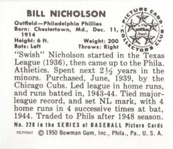 1986 Card Collectors 1950 Bowman (Reprint) #228 Bill Nicholson Back