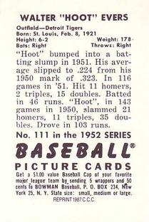 1987 Card Collectors 1952 Bowman Reprint #111 Walter Evers Back