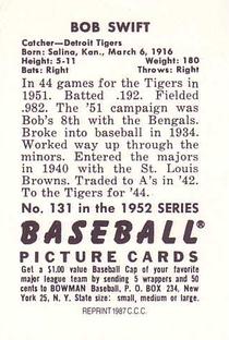 1987 Card Collectors 1952 Bowman Reprint #131 Bob Swift Back