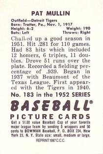 1987 Card Collectors 1952 Bowman Reprint #183 Pat Mullin Back