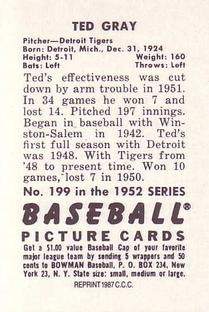 1987 Card Collectors 1952 Bowman Reprint #199 Ted Gray Back
