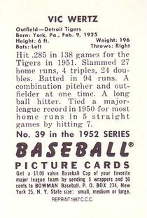 1987 Card Collectors 1952 Bowman Reprint #39 Vic Wertz Back