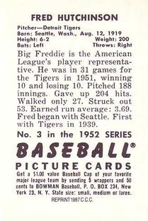 1987 Card Collectors 1952 Bowman Reprint #3 Fred Hutchinson Back