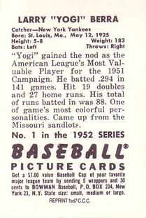1987 Card Collectors 1952 Bowman Reprint #1 Yogi Berra Back