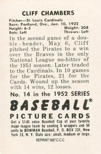 1987 Card Collectors 1952 Bowman Reprint #14 Cliff Chambers Back