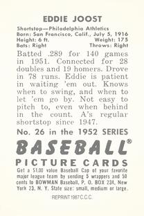 1987 Card Collectors 1952 Bowman Reprint #26 Eddie Joost Back