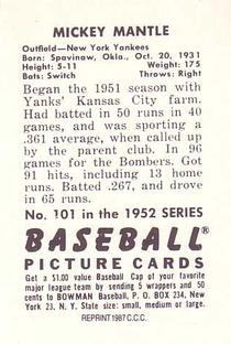 1987 Card Collectors 1952 Bowman Reprint #101 Mickey Mantle Back