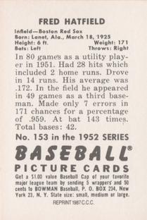 1987 Card Collectors 1952 Bowman Reprint #153 Fred Hatfield Back