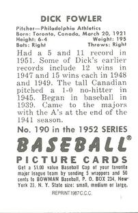 1987 Card Collectors 1952 Bowman Reprint #190 Dick Fowler Back