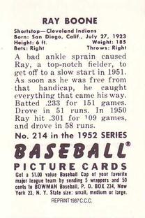 1987 Card Collectors 1952 Bowman Reprint #214 Ray Boone Back