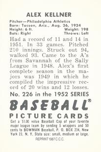 1987 Card Collectors 1952 Bowman Reprint #226 Alex Kellner Back