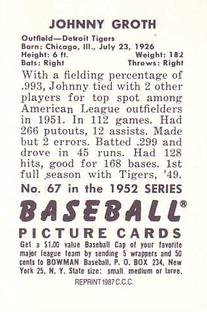 1987 Card Collectors 1952 Bowman Reprint #67 Johnny Groth Back