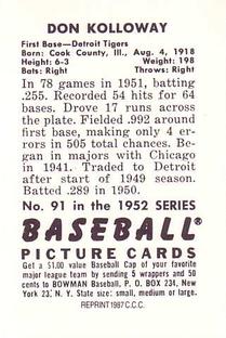 1987 Card Collectors 1952 Bowman Reprint #91 Don Kolloway Back