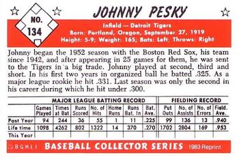 1983 Card Collectors 1953 Bowman Color Reprint #134 Johnny Pesky Back