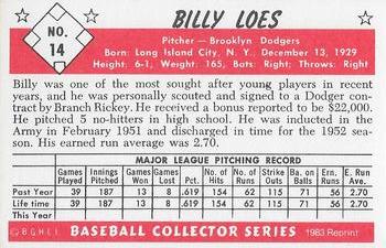 1983 Card Collectors 1953 Bowman Color Reprint #14 Billy Loes Back