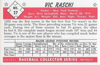 1983 Card Collectors 1953 Bowman Color Reprint #27 Vic Raschi Back