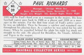 1983 Card Collectors 1953 Bowman Color Reprint #39 Paul Richards Back