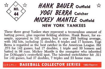 1983 Card Collectors 1953 Bowman Color Reprint #44 Yogi Berra / Hank Bauer / Mickey Mantle Back