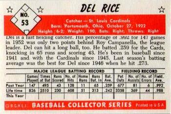 1983 Card Collectors 1953 Bowman Color Reprint #53 Del Rice Back