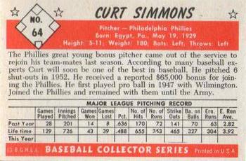 1983 Card Collectors 1953 Bowman Color Reprint #64 Curt Simmons Back