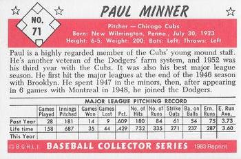 1983 Card Collectors 1953 Bowman Color Reprint #71 Paul Minner Back