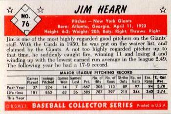 1983 Card Collectors 1953 Bowman Color Reprint #76 Jim Hearn Back