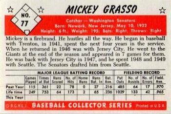 1983 Card Collectors 1953 Bowman Color Reprint #77 Mickey Grasso Back
