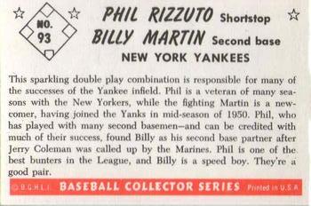 1983 Card Collectors 1953 Bowman Color Reprint #93 Billy Martin / Phil Rizzuto Back