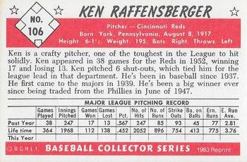 1983 Card Collectors 1953 Bowman Color Reprint #106 Ken Raffensberger Back