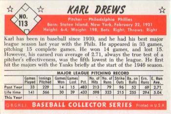 1983 Card Collectors 1953 Bowman Color Reprint #113 Karl Drews Back