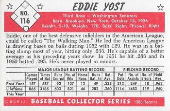 1983 Card Collectors 1953 Bowman Color Reprint #116 Eddie Yost Back