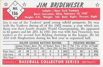 1983 Card Collectors 1953 Bowman Color Reprint #136 Jim Brideweser Back