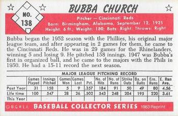 1983 Card Collectors 1953 Bowman Color Reprint #138 Bubba Church Back
