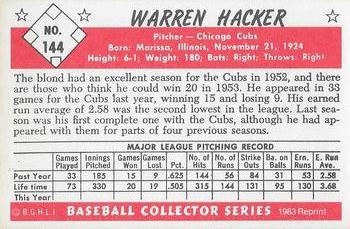 1983 Card Collectors 1953 Bowman Color Reprint #144 Warren Hacker Back